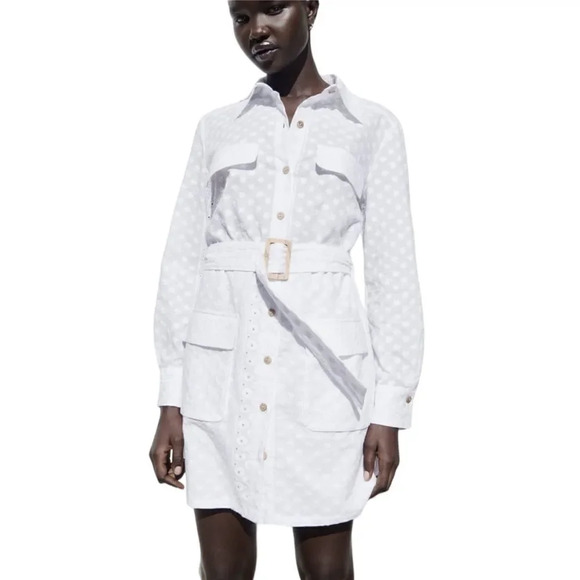 ZARA | White | BELTED EMBROIDERED MINI DRESS - Picture 8 of 14